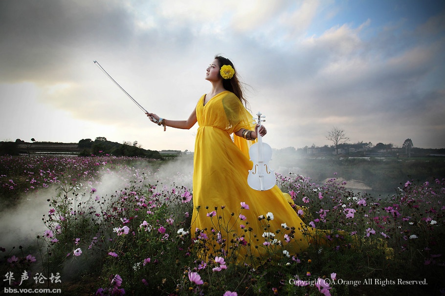 唯美飘渺的黄衣长裙小提琴美女